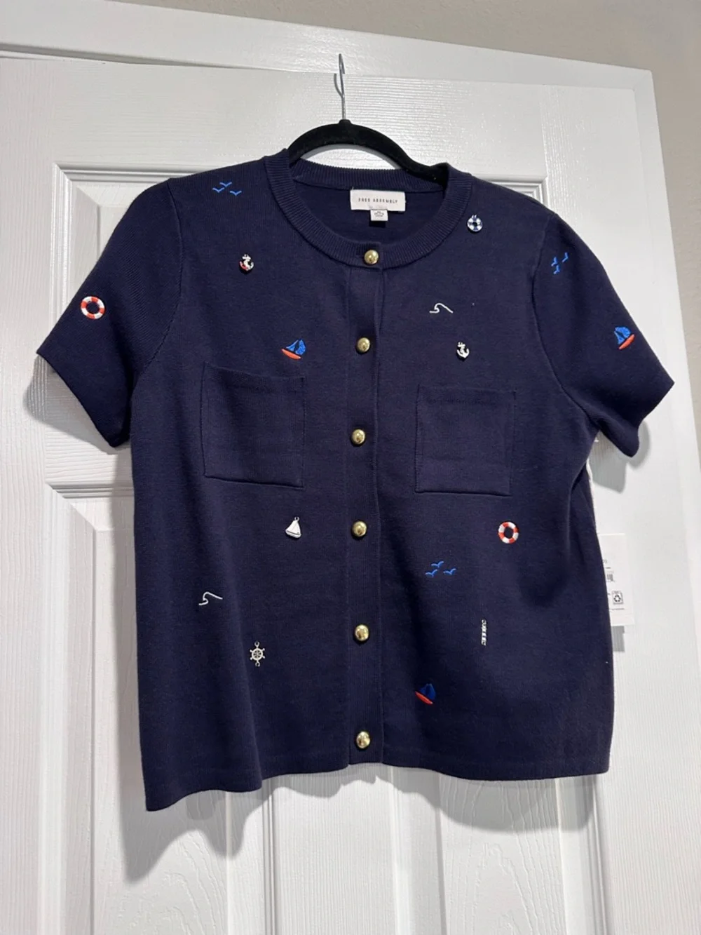 Navy Nautical Embroidered Short-Sleeve Cardigan Free Assembly NWT